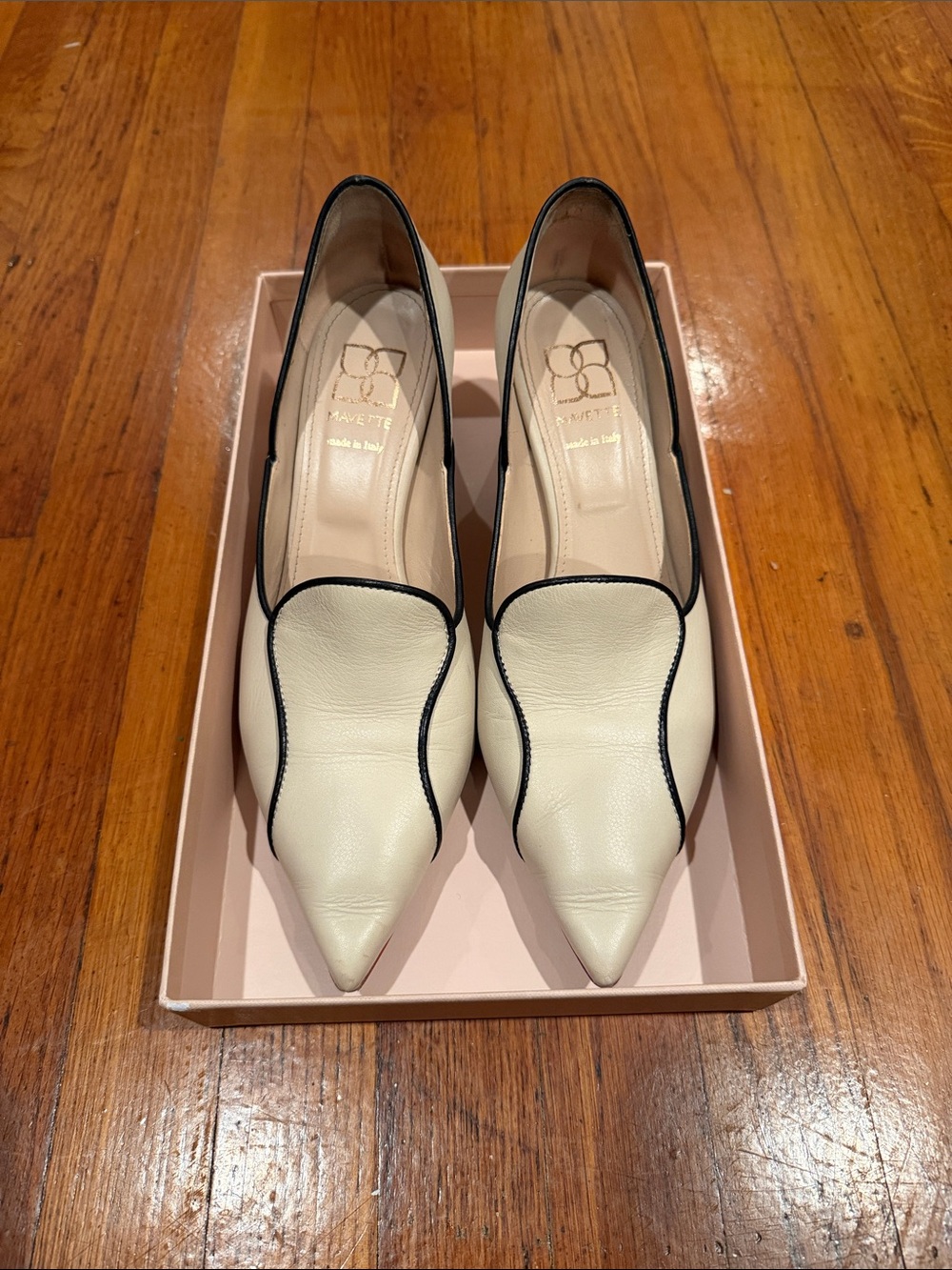 Ivory Leather Pointed Flats with Black Piping by Mavette